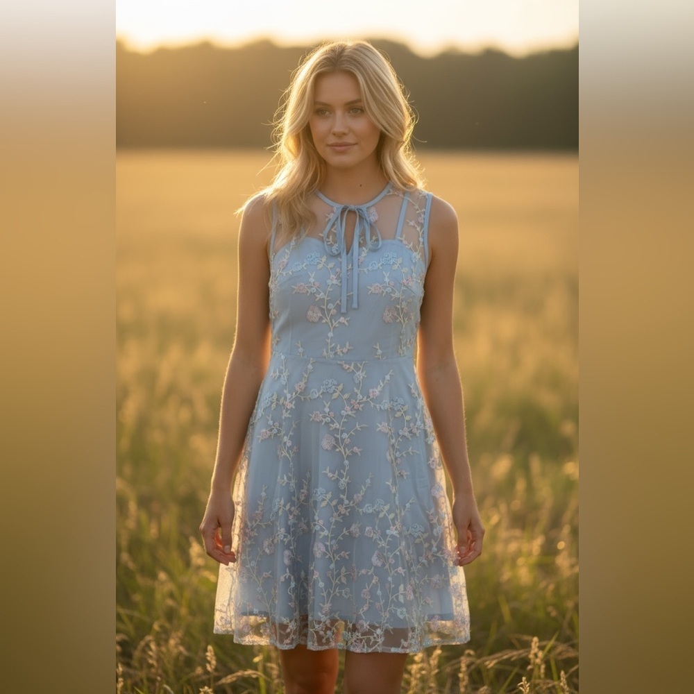 Women's Swing Keyhole Floral Embroidery Sheer Mesh Sleeveless Cocktail Dress